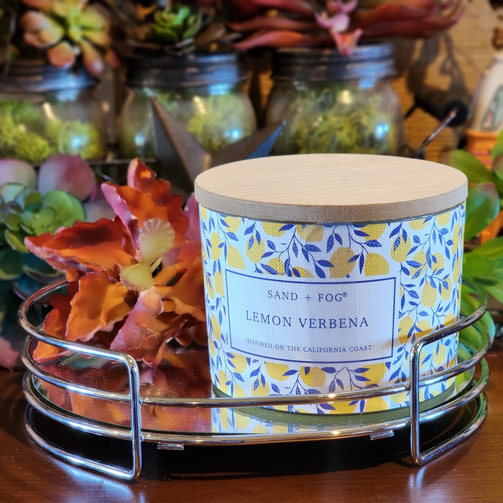 Sand + Fog Lemon Verbena Candle Yellow and Blue 12 Oz